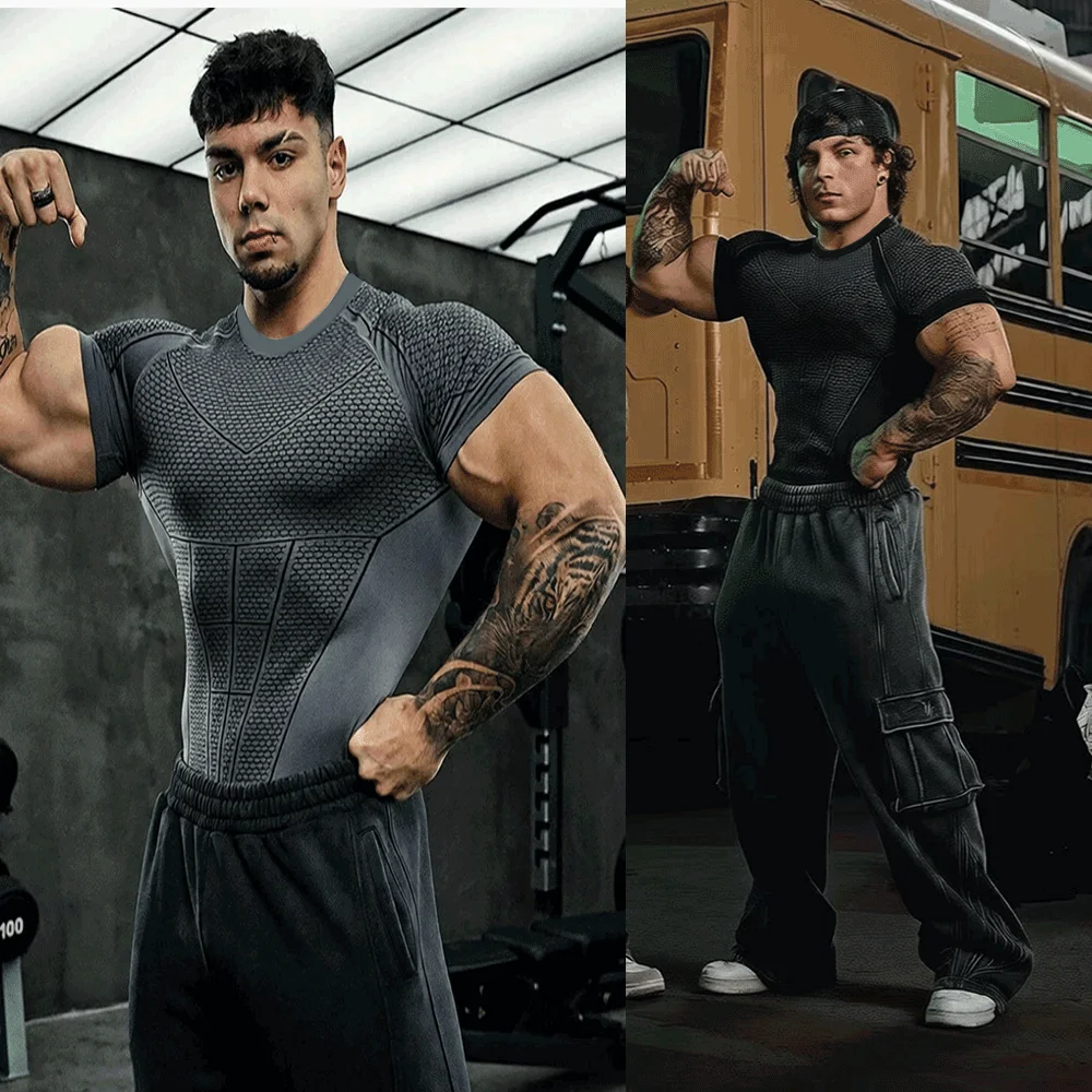 New Men's Quick-Dry Top Breathable Elastic Fitness T-shirt Short Sleeve Summer Print Compression Shirt Men Gym Running T-shirt