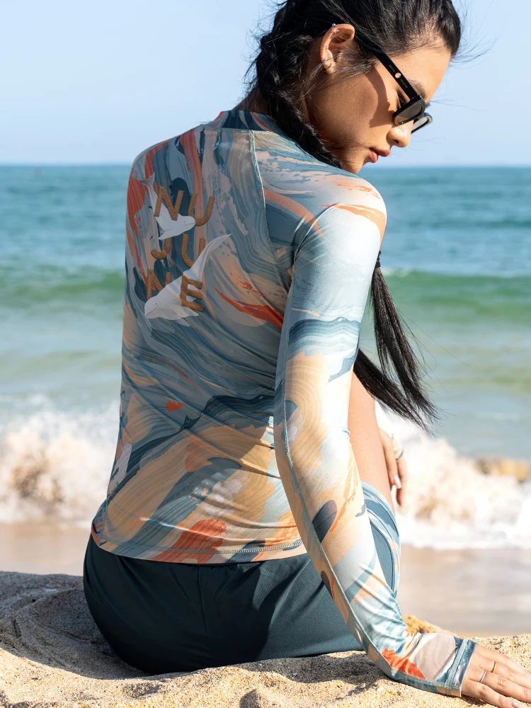 Nu-June Women's Swimsuit Print Surf Rash Guard Long Sleeve Quick Dry Swim Shorts Set Sport Sun Protection Bathing Suit Swimwear