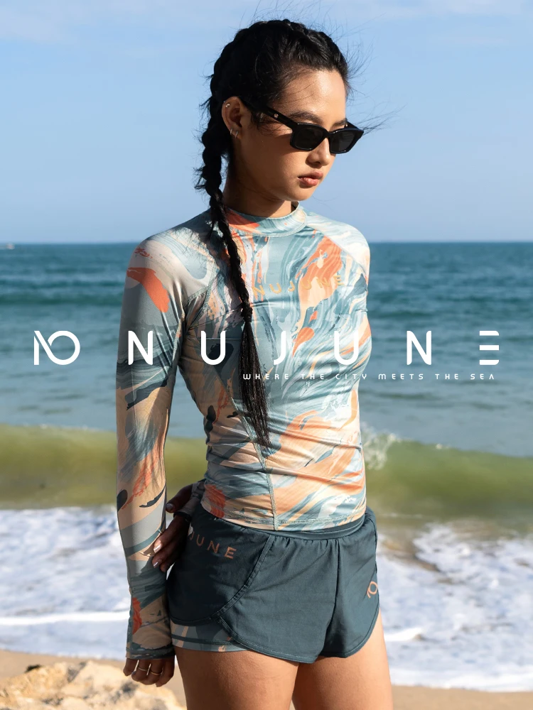 Nu-June Women's Swimsuit Print Surf Rash Guard Long Sleeve Quick Dry Swim Shorts Set Sport Sun Protection Bathing Suit Swimwear