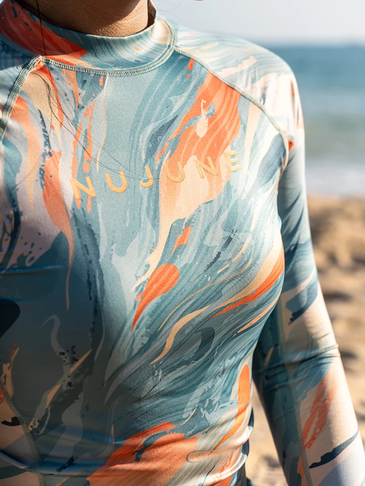 Nu-June Women's Swimsuit Print Surf Rash Guard Long Sleeve Quick Dry Swim Shorts Set Sport Sun Protection Bathing Suit Swimwear