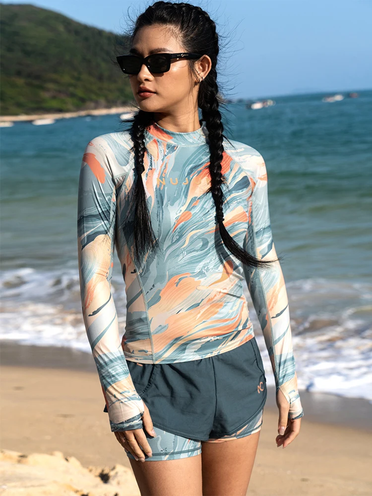 Nu-June Women's Swimsuit Print Surf Rash Guard Long Sleeve Quick Dry Swim Shorts Set Sport Sun Protection Bathing Suit Swimwear