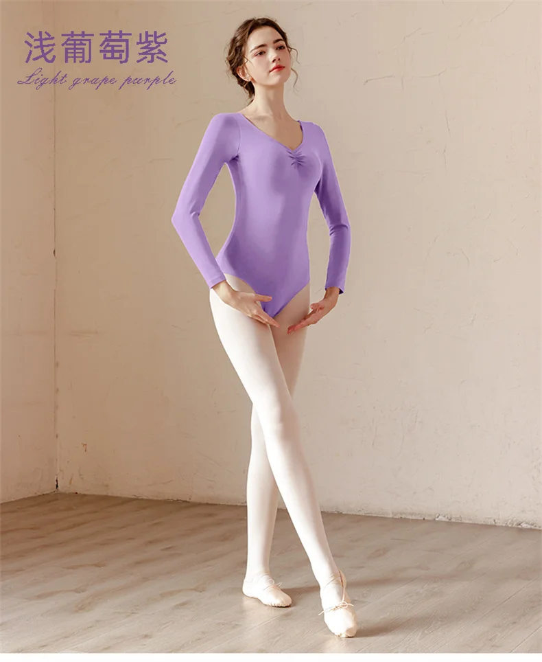 Women Basic Dance Leotard Long Sleeve V-Neck Adult Team Ballet Leotard Dancewear Cotton Fabric Bodysuit Leotard Bodysuit