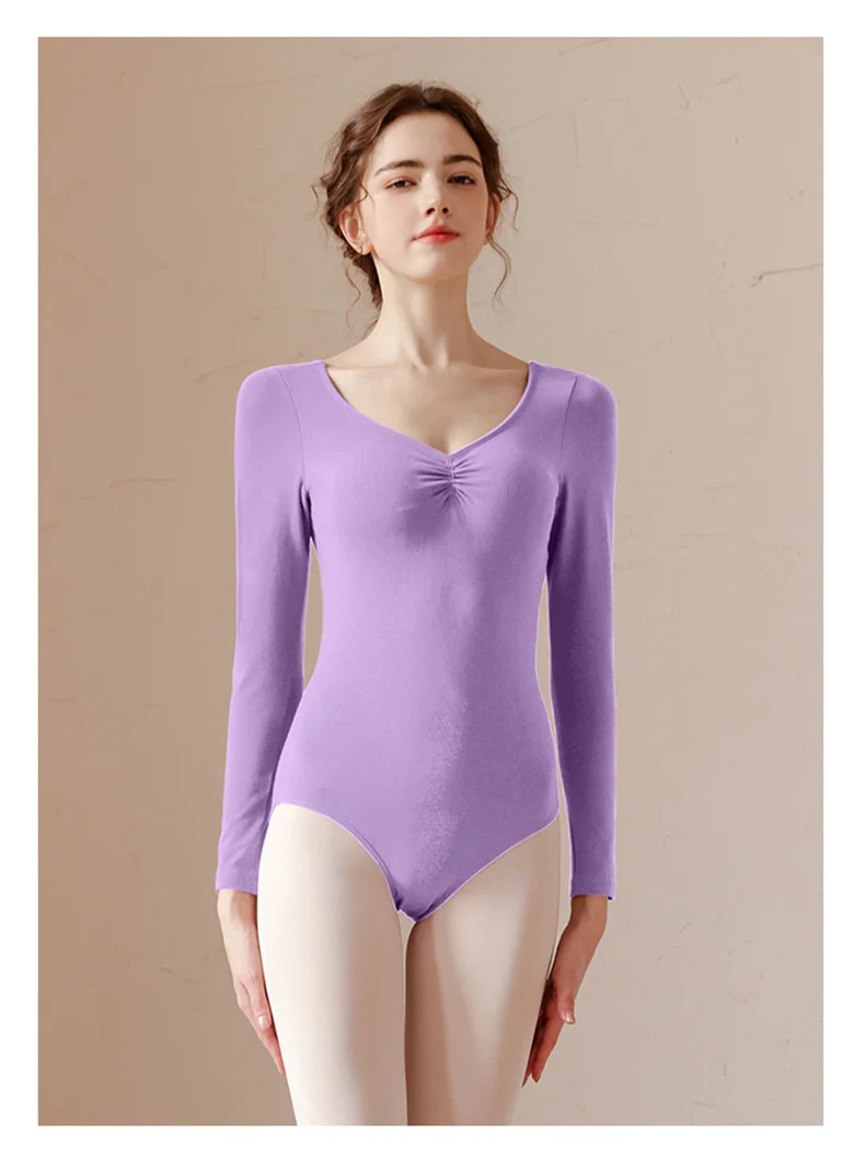 Women Basic Dance Leotard Long Sleeve V-Neck Adult Team Ballet Leotard Dancewear Cotton Fabric Bodysuit Leotard Bodysuit