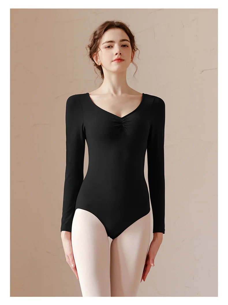 Women Basic Dance Leotard Long Sleeve V-Neck Adult Team Ballet Leotard Dancewear Cotton Fabric Bodysuit Leotard Bodysuit