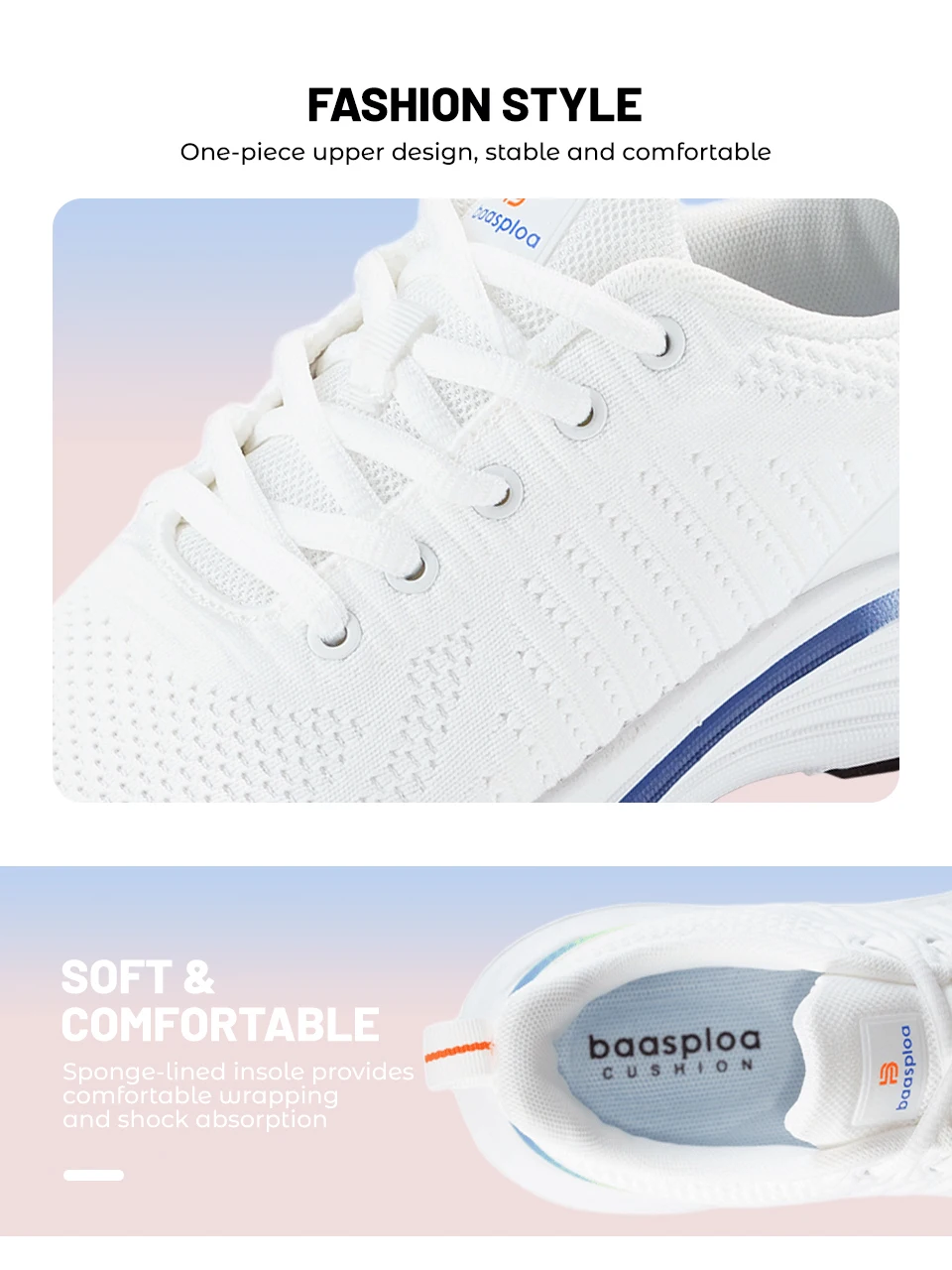 Baasploa Women Running Shoes Mesh Lightweight Breathable Sport Sneakers Female Non-Slip Outdoor Cushioning Wear-resistant Shoes