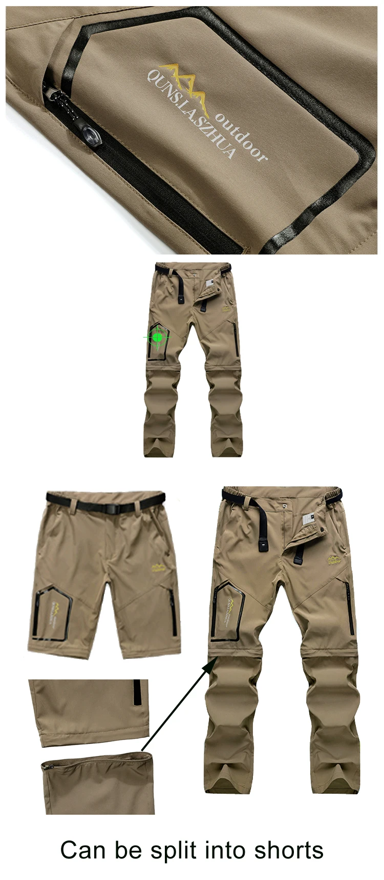 Mens Hiking Pants Convertible Lightweight Quick Dry Zip Off Fishing Safari Camping Travel Boy Scout Pants