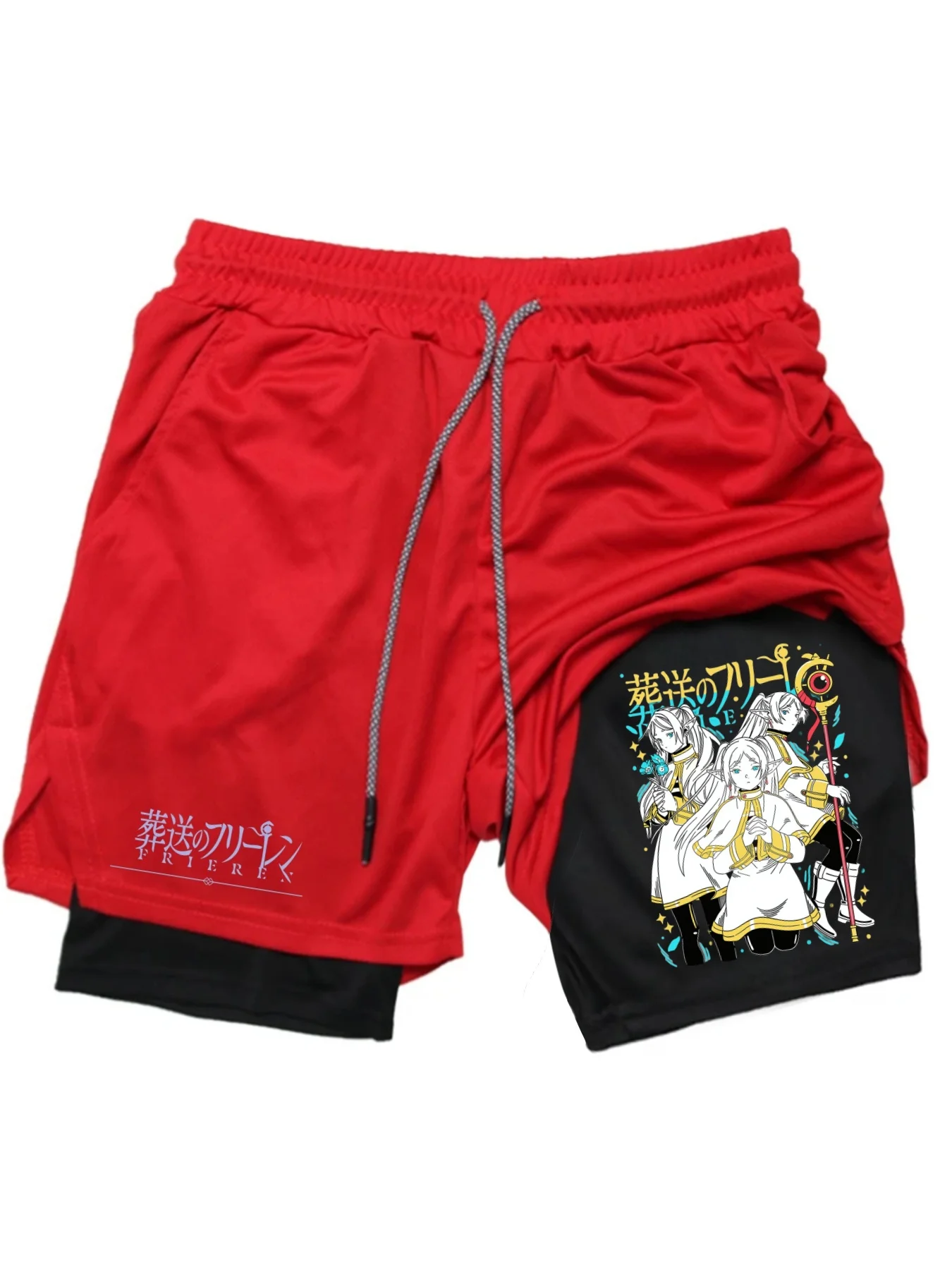Frieren Print Men's Shorts Summer Double Layer Letter Print Quick Drying Pants Fitness 2in1 Tracksuit Sportswear Workout Short