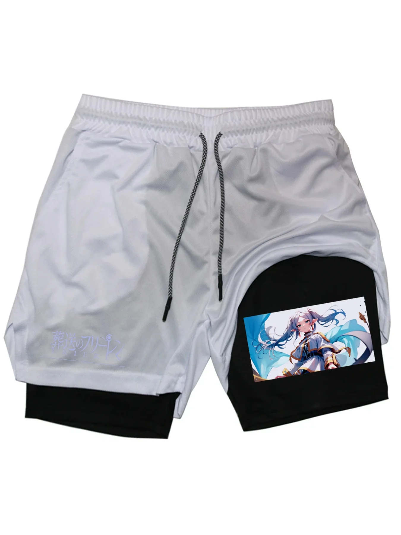 Frieren Print Men's Shorts Summer Double Layer Letter Print Quick Drying Pants Fitness 2in1 Tracksuit Sportswear Workout Short