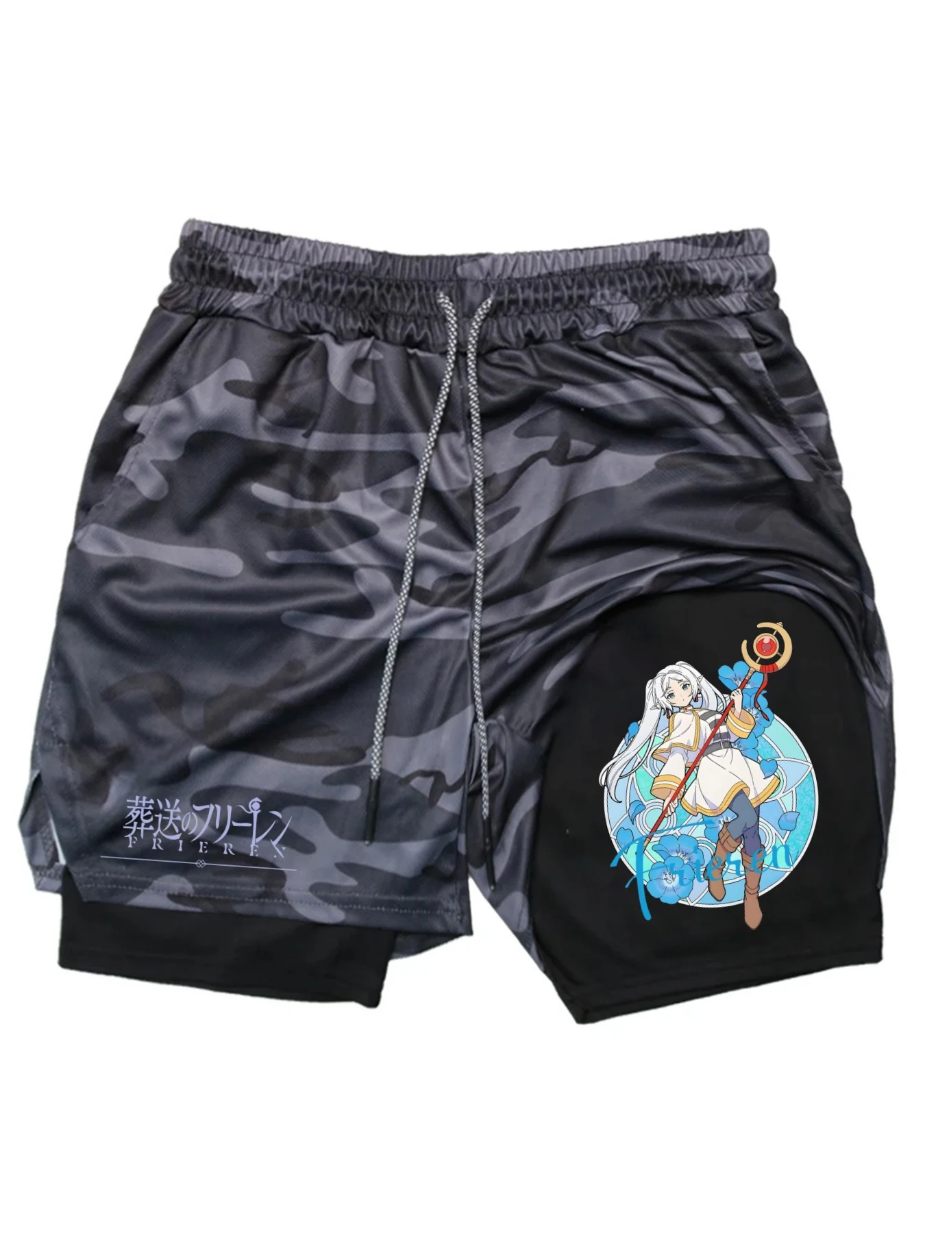 Frieren Print Men's Shorts Summer Double Layer Letter Print Quick Drying Pants Fitness 2in1 Tracksuit Sportswear Workout Short