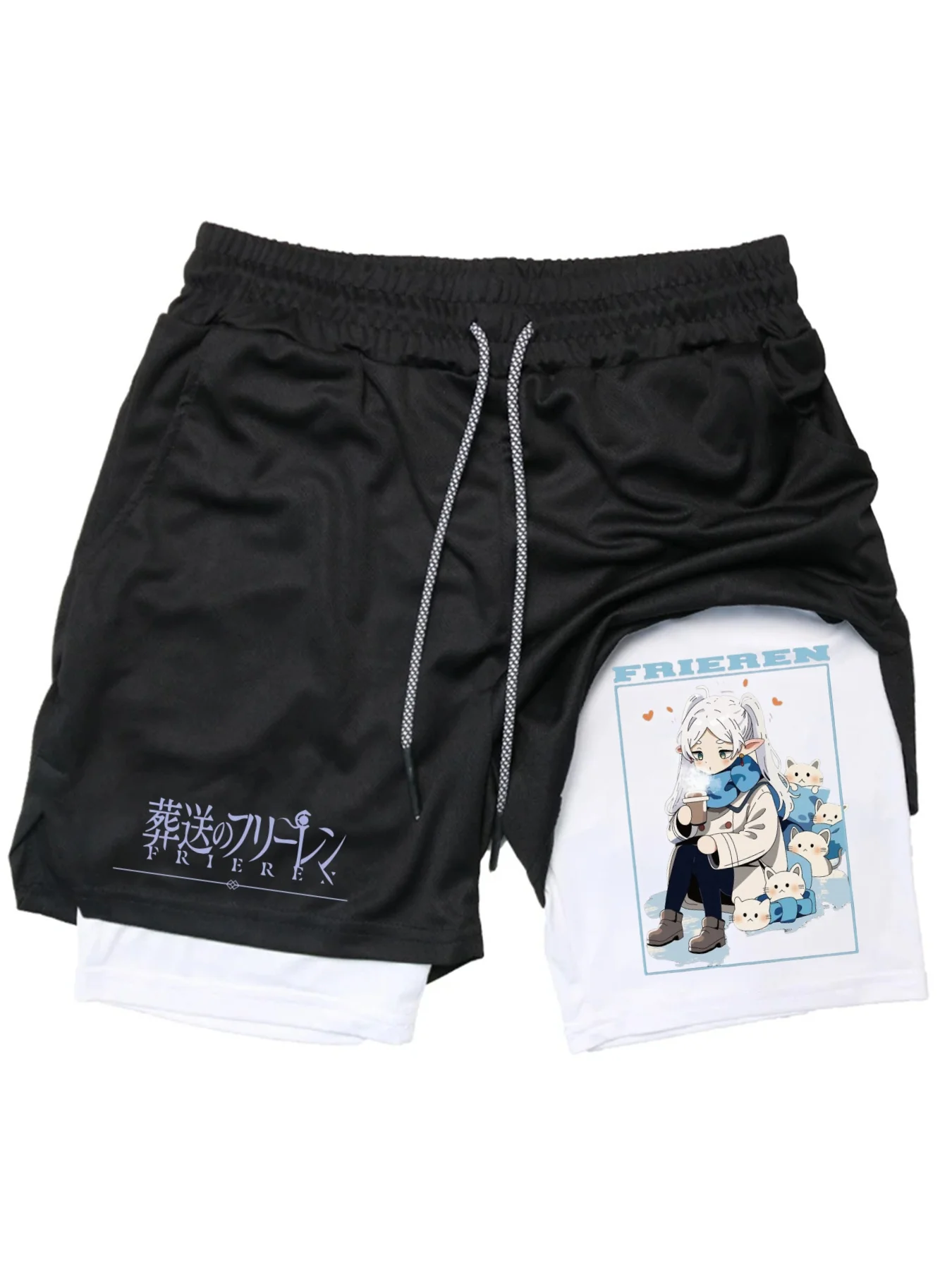 Frieren Print Men's Shorts Summer Double Layer Letter Print Quick Drying Pants Fitness 2in1 Tracksuit Sportswear Workout Short