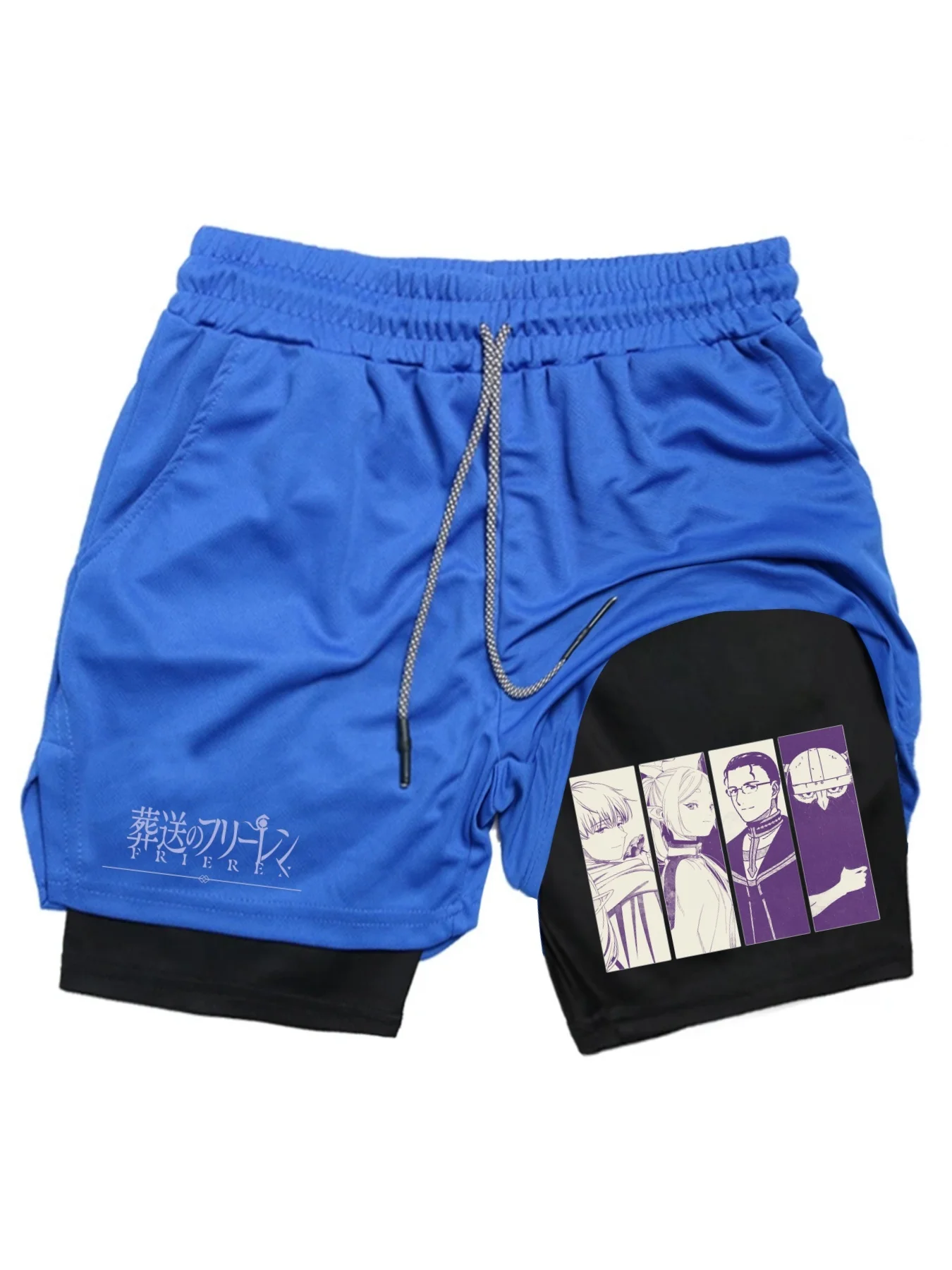 Frieren Print Men's Shorts Summer Double Layer Letter Print Quick Drying Pants Fitness 2in1 Tracksuit Sportswear Workout Short