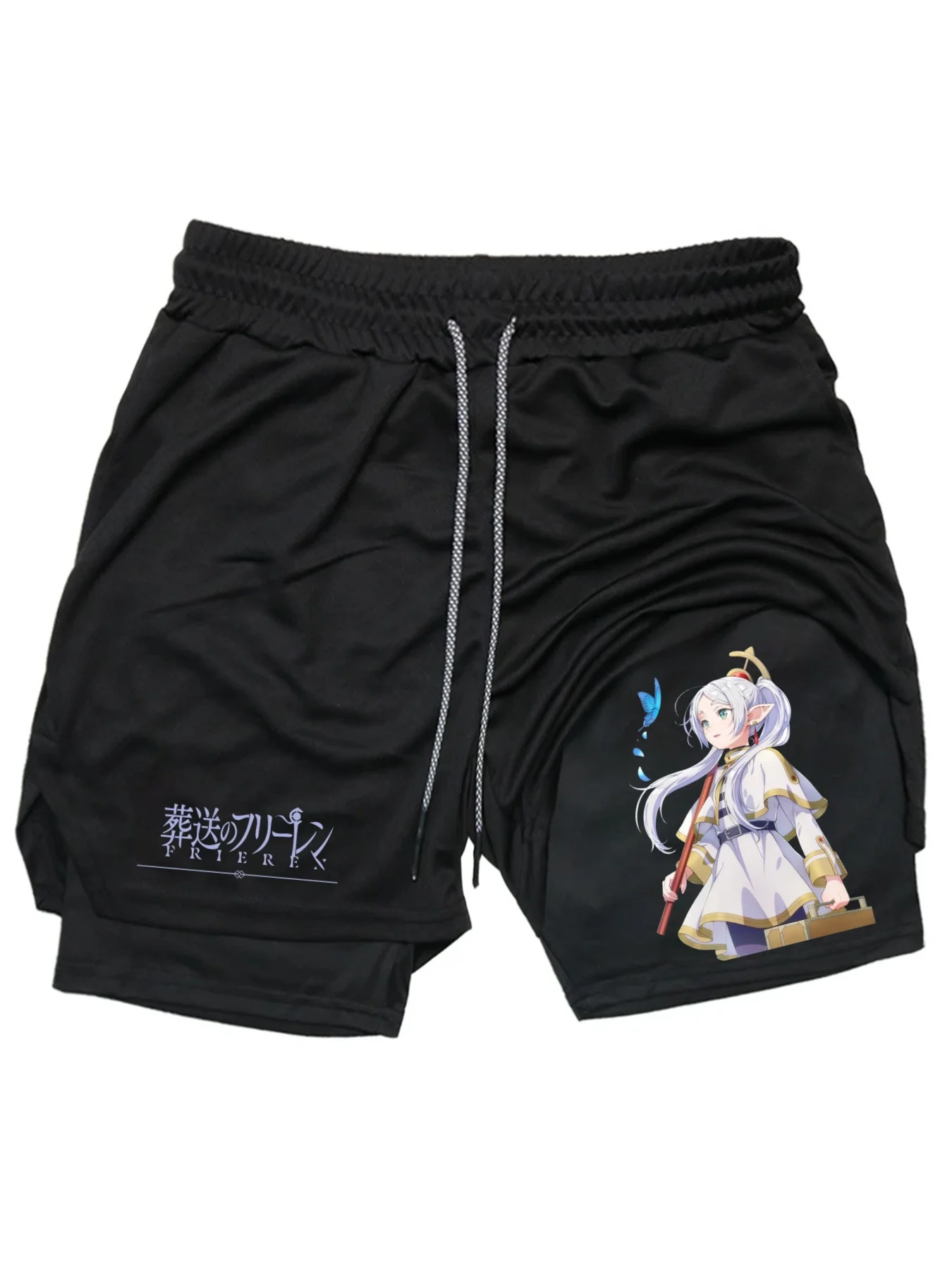 Frieren Print Men's Shorts Summer Double Layer Letter Print Quick Drying Pants Fitness 2in1 Tracksuit Sportswear Workout Short