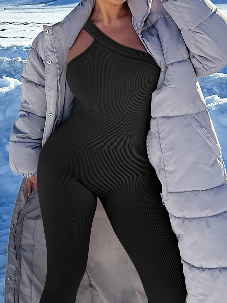 Women Yoga Jumpsuits Workout Ribbed One Shoulder One Piece Sport Jumpsuits Solid Sleeveless Hip Lifting Fitness Jumpsuits