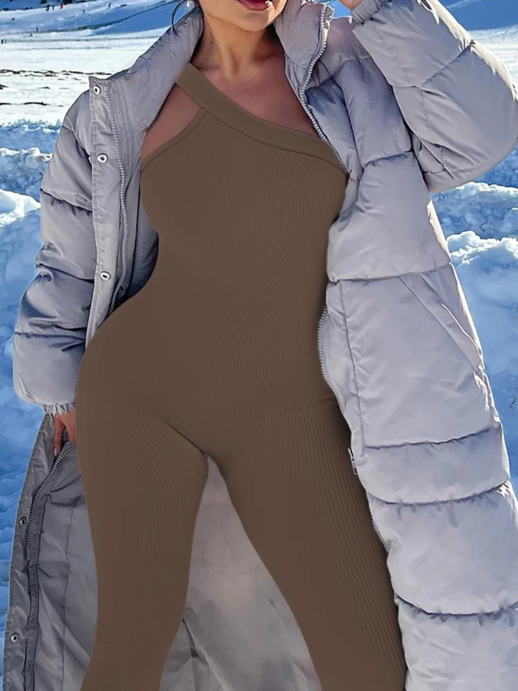 Women Yoga Jumpsuits Workout Ribbed One Shoulder One Piece Sport Jumpsuits Solid Sleeveless Hip Lifting Fitness Jumpsuits