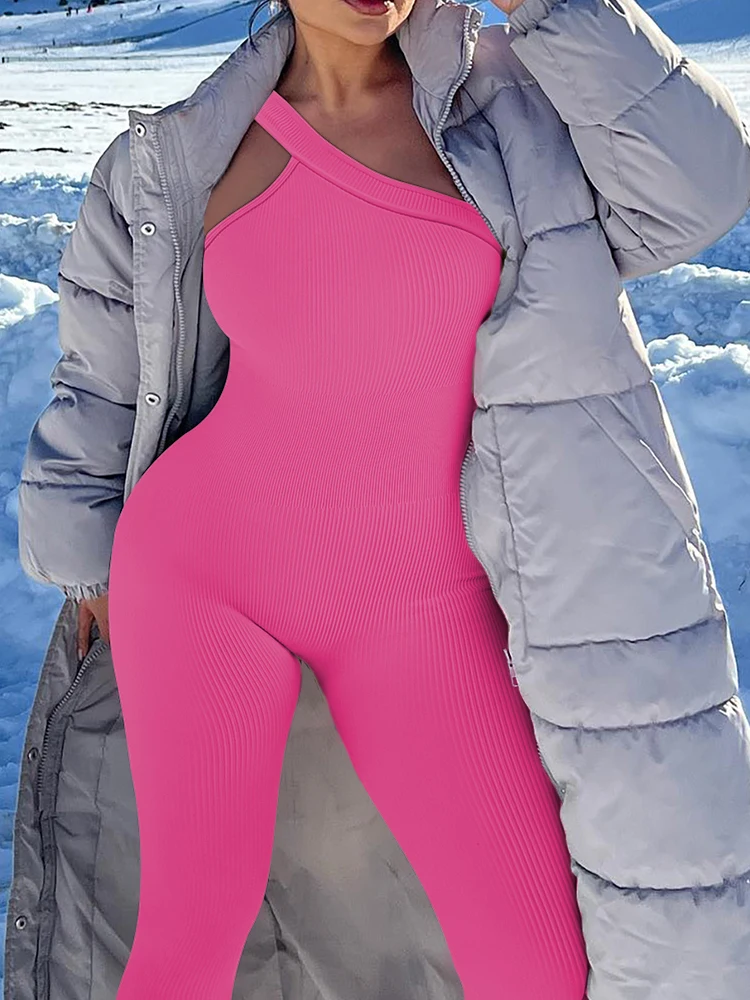 Women Yoga Jumpsuits Workout Ribbed One Shoulder One Piece Sport Jumpsuits Solid Sleeveless Hip Lifting Fitness Jumpsuits
