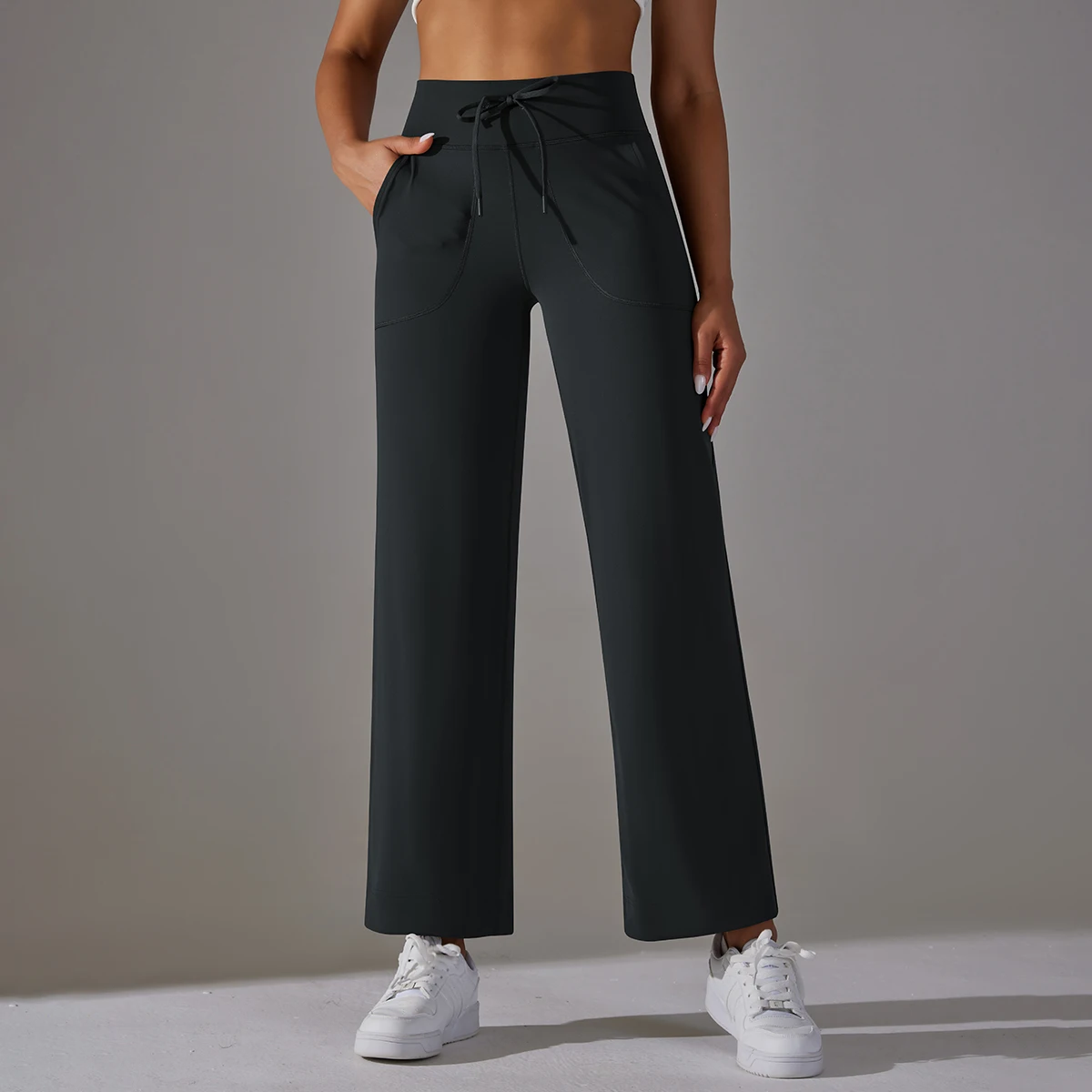 Women Leggings Wide Leg Flare Pants With Pockets Drawstring Sports Trousers High Waist Flared Yoga Leggings Fitness Running Jogg