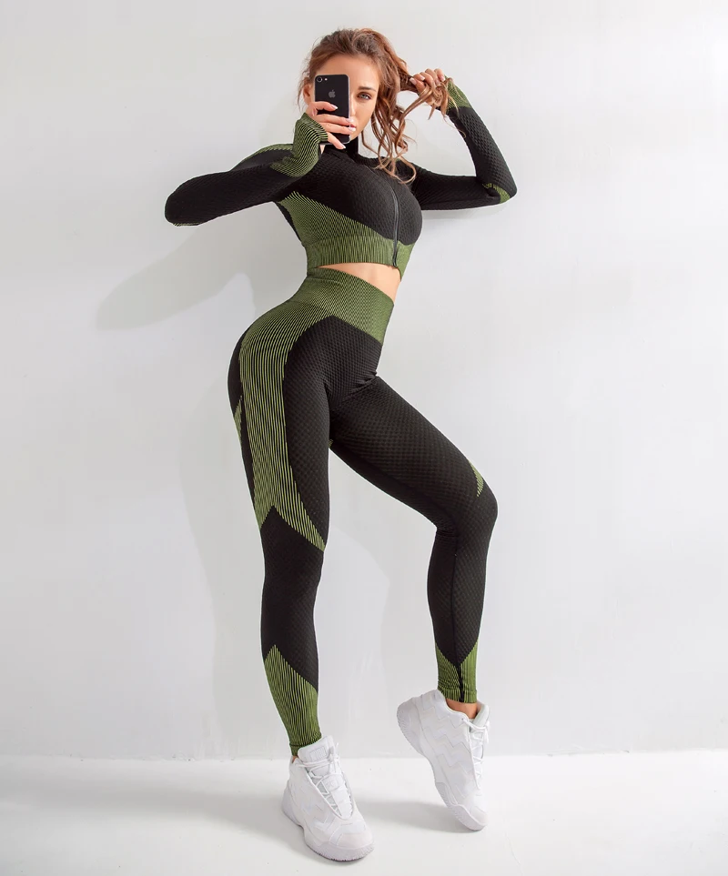 2/3Pcs Women Yoga Suit Seamless Knitted Yoga Pants Leggings Clothing Zipper Long Sleeve Crop Top Fitness Wear Sportswear Gym Set