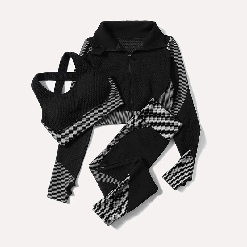 2/3Pcs Women Yoga Suit Seamless Knitted Yoga Pants Leggings Clothing Zipper Long Sleeve Crop Top Fitness Wear Sportswear Gym Set