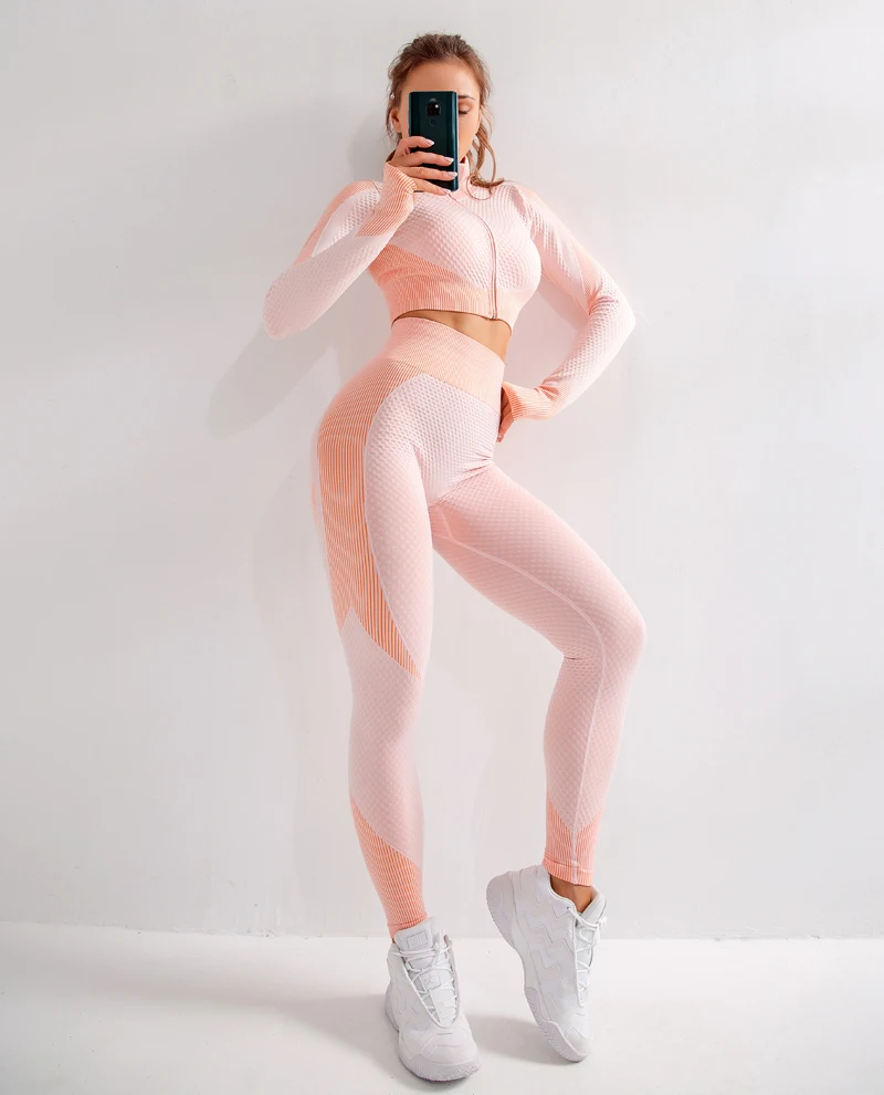 2/3Pcs Women Yoga Suit Seamless Knitted Yoga Pants Leggings Clothing Zipper Long Sleeve Crop Top Fitness Wear Sportswear Gym Set
