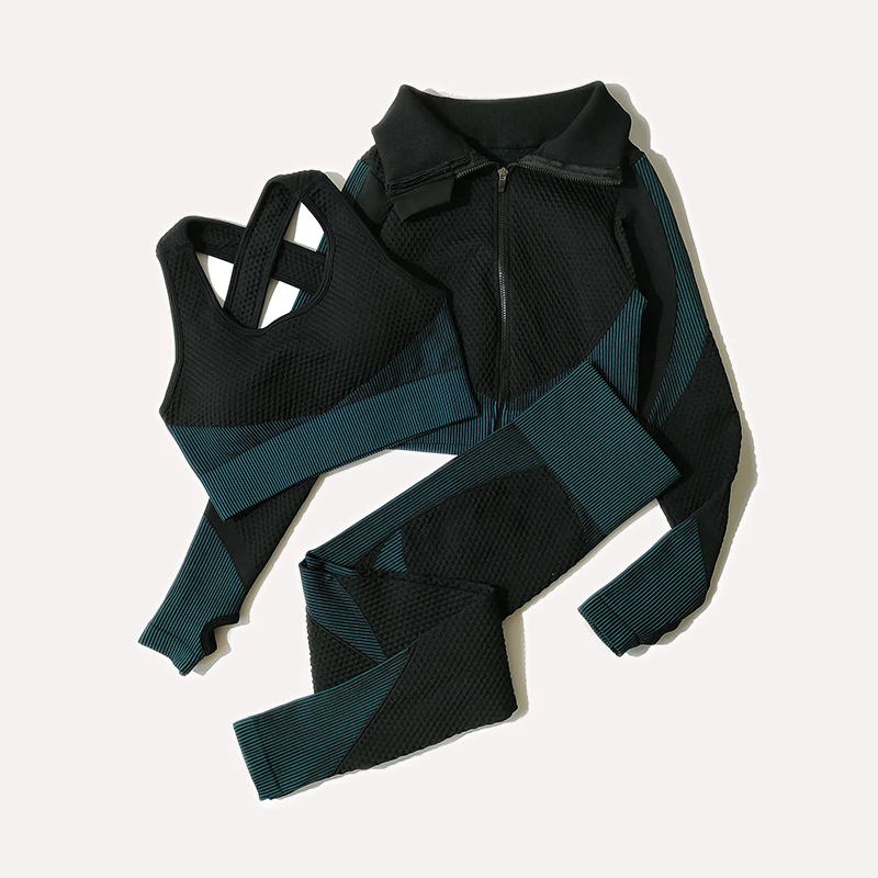2/3Pcs Women Yoga Suit Seamless Knitted Yoga Pants Leggings Clothing Zipper Long Sleeve Crop Top Fitness Wear Sportswear Gym Set