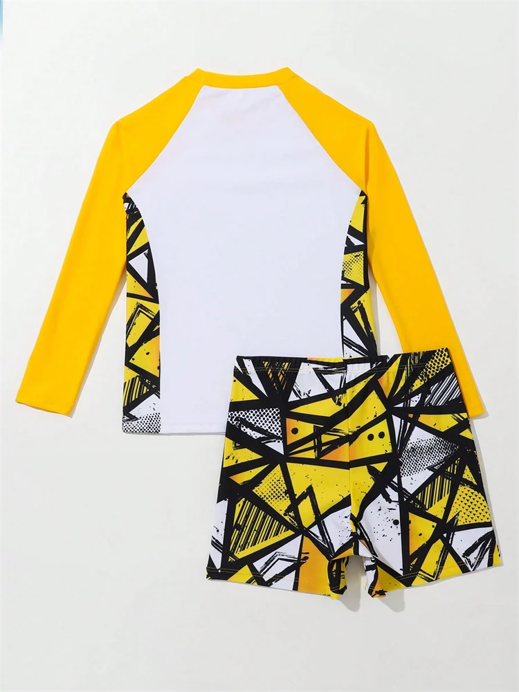 Boy Swimsuit 2026 New Geometry Print Long Sleeve Children Swimwear Summer Two Piece Kids Beach Wear Swimming Bathing Suit Men's