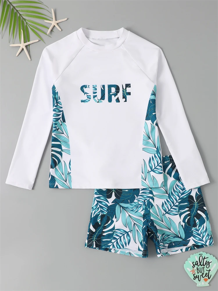 Boy Swimsuit 2026 New Geometry Print Long Sleeve Children Swimwear Summer Two Piece Kids Beach Wear Swimming Bathing Suit Men's