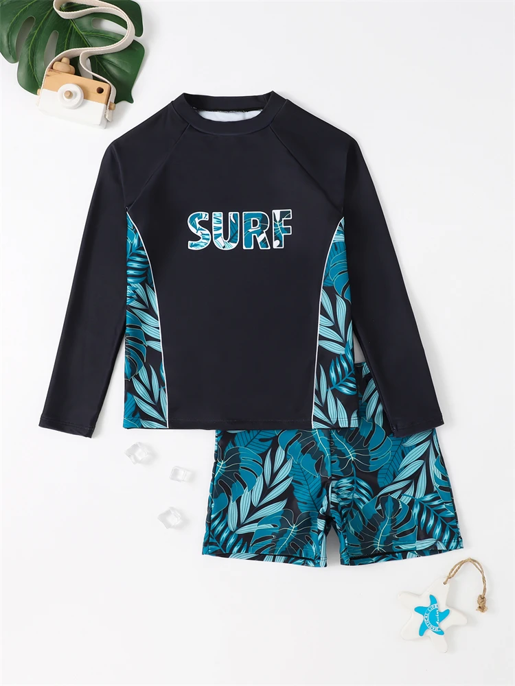 Boy Swimsuit 2026 New Geometry Print Long Sleeve Children Swimwear Summer Two Piece Kids Beach Wear Swimming Bathing Suit Men's