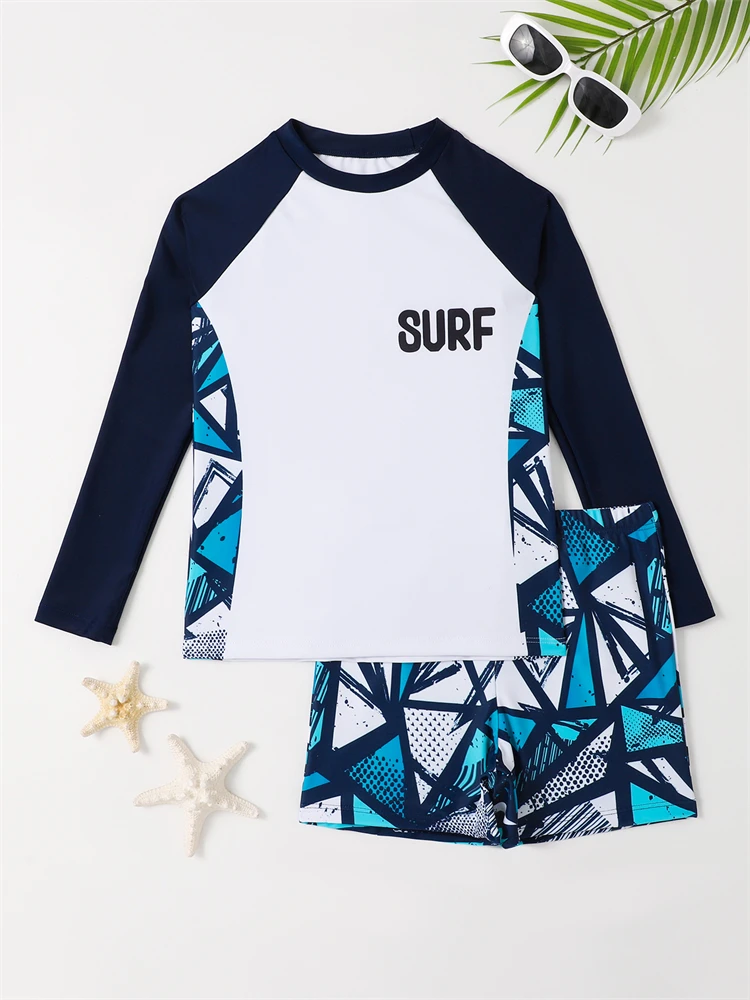 Boy Swimsuit 2026 New Geometry Print Long Sleeve Children Swimwear Summer Two Piece Kids Beach Wear Swimming Bathing Suit Men's