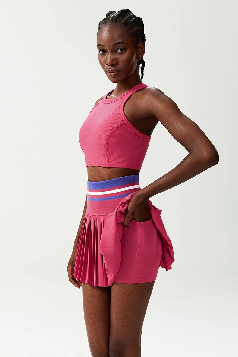 Women Short Sportswear Two Pieces Fitness Yoga Set High Waist Tennis Skirt Crop Top Gym Suit Female Breathable Sportswear