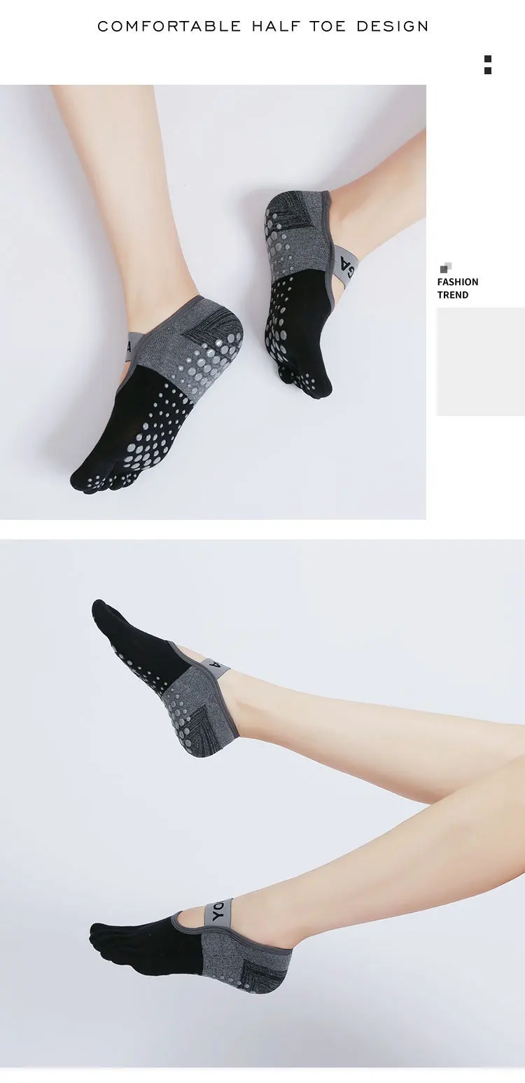 Ladies Breathable Yoga Socks Silicone Non-Slip Five Finger Pilates Socks for Women Backless Fitness Ballet Dance Cotton Gym Sock