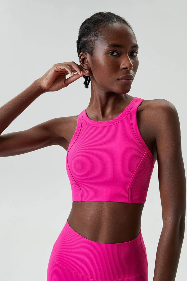 High Impact Gym Suit Women Ribbed Fabric Two Pieces Fitness Yoga Set Slim Fit Stretchy Running Sportswear Workout Clothes