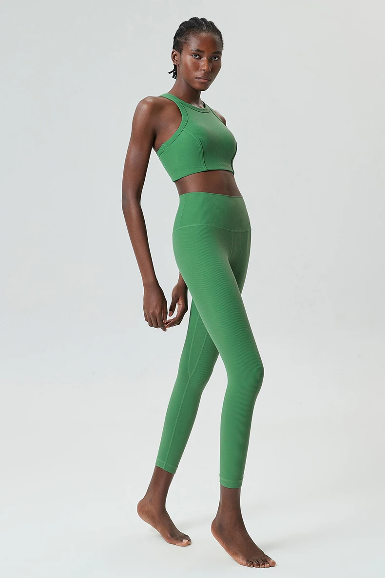 High Impact Gym Suit Women Ribbed Fabric Two Pieces Fitness Yoga Set Slim Fit Stretchy Running Sportswear Workout Clothes