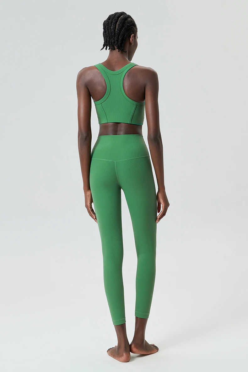 High Impact Gym Suit Women Ribbed Fabric Two Pieces Fitness Yoga Set Slim Fit Stretchy Running Sportswear Workout Clothes