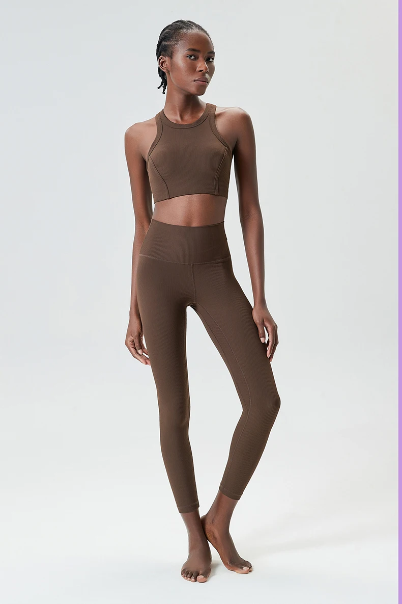 High Impact Gym Suit Women Ribbed Fabric Two Pieces Fitness Yoga Set Slim Fit Stretchy Running Sportswear Workout Clothes