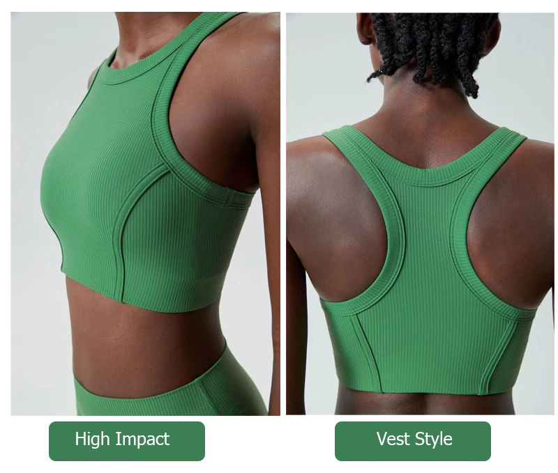 High Impact Gym Suit Women Ribbed Fabric Two Pieces Fitness Yoga Set Slim Fit Stretchy Running Sportswear Workout Clothes