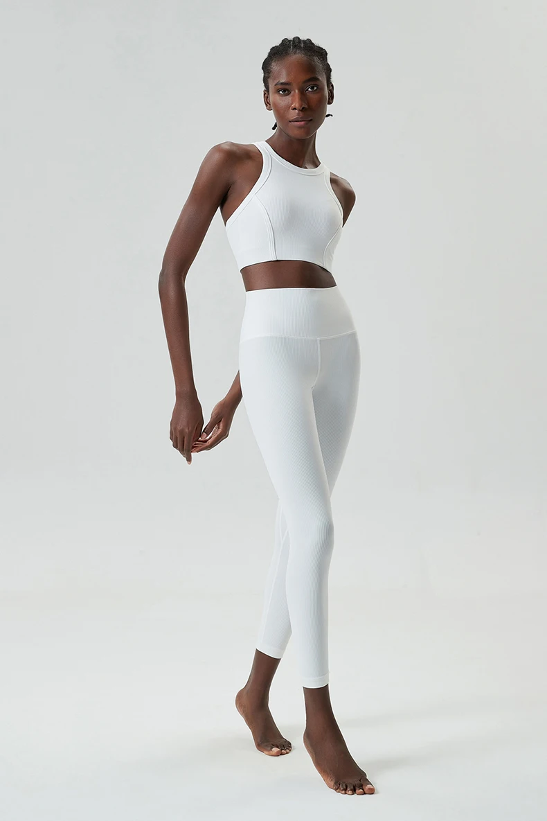 High Impact Gym Suit Women Ribbed Fabric Two Pieces Fitness Yoga Set Slim Fit Stretchy Running Sportswear Workout Clothes