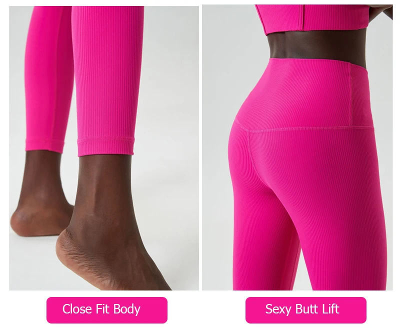 High Impact Gym Suit Women Ribbed Fabric Two Pieces Fitness Yoga Set Slim Fit Stretchy Running Sportswear Workout Clothes