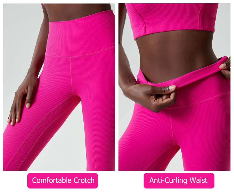 High Impact Gym Suit Women Ribbed Fabric Two Pieces Fitness Yoga Set Slim Fit Stretchy Running Sportswear Workout Clothes