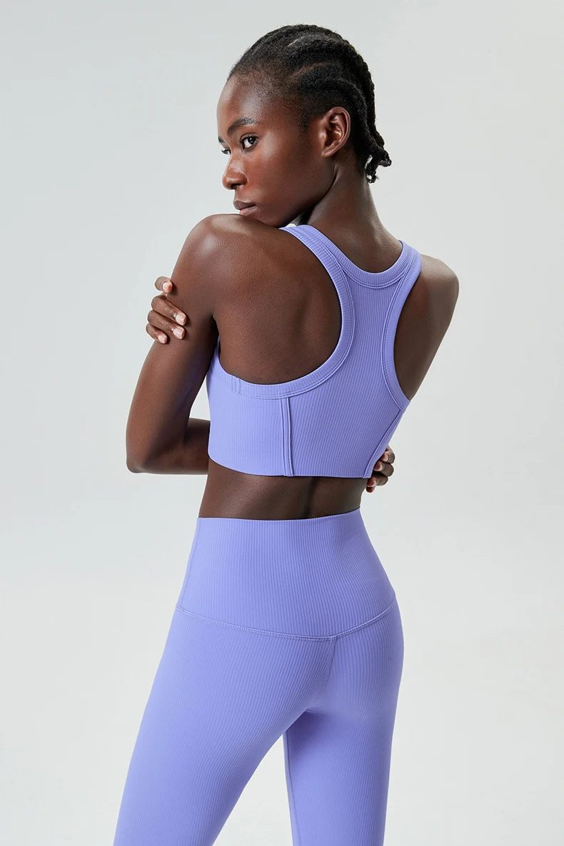 High Impact Gym Suit Women Ribbed Fabric Two Pieces Fitness Yoga Set Slim Fit Stretchy Running Sportswear Workout Clothes