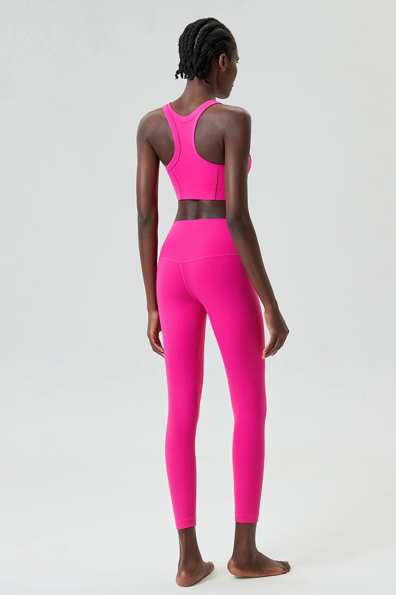 High Impact Gym Suit Women Ribbed Fabric Two Pieces Fitness Yoga Set Slim Fit Stretchy Running Sportswear Workout Clothes