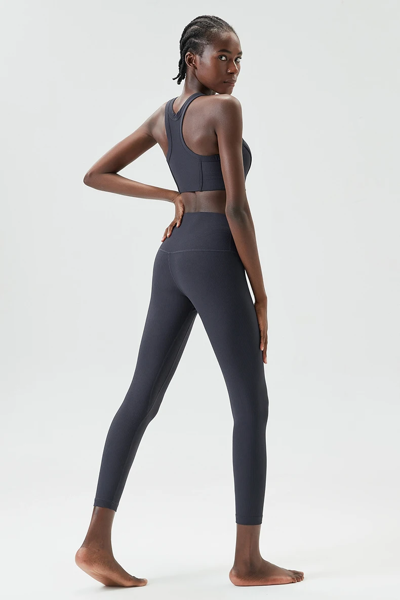 High Impact Gym Suit Women Ribbed Fabric Two Pieces Fitness Yoga Set Slim Fit Stretchy Running Sportswear Workout Clothes