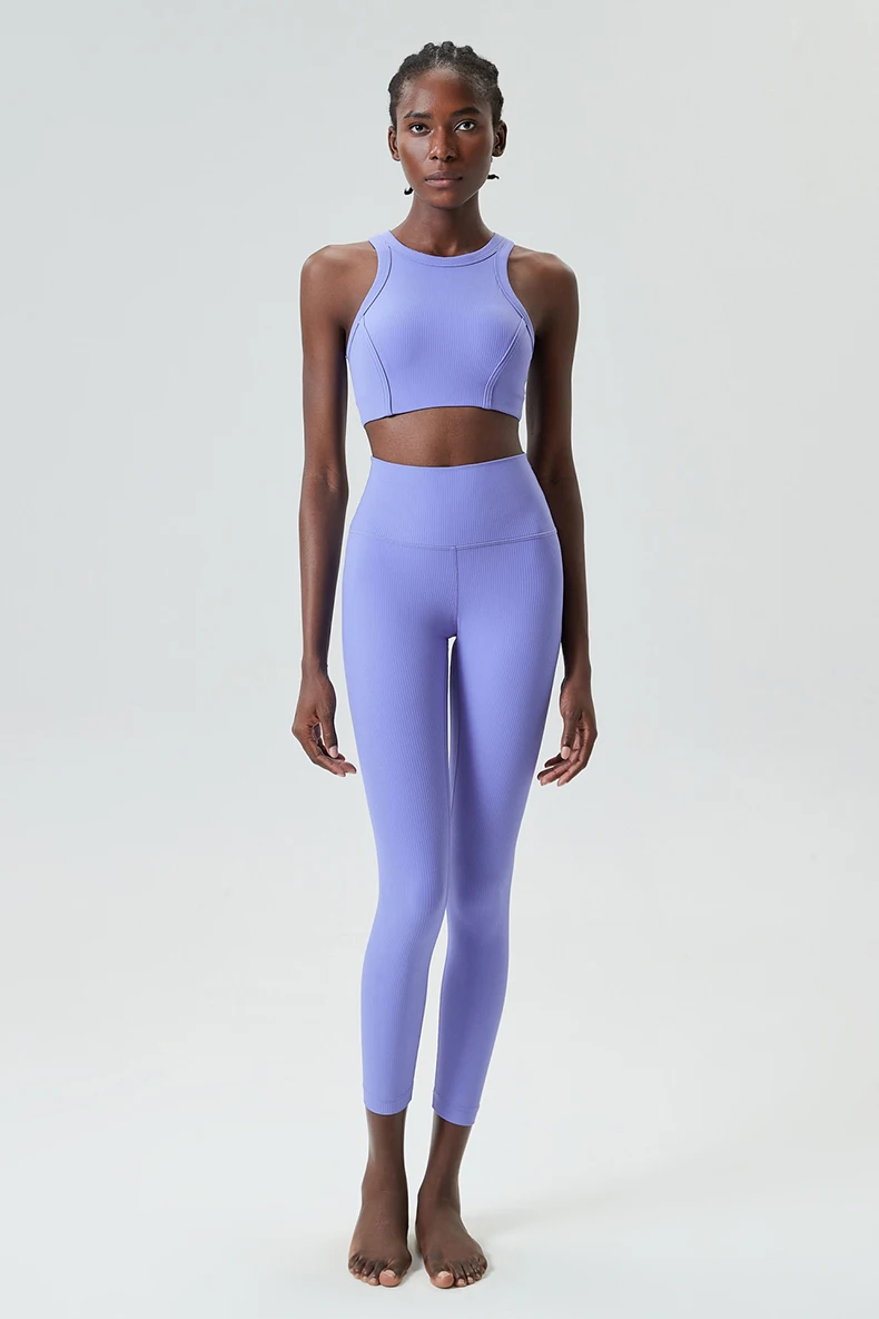 High Impact Gym Suit Women Ribbed Fabric Two Pieces Fitness Yoga Set Slim Fit Stretchy Running Sportswear Workout Clothes