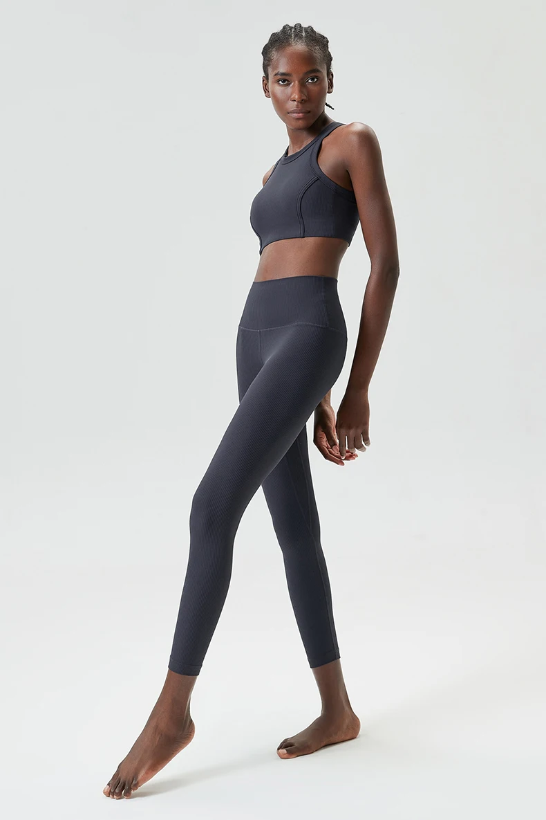 High Impact Gym Suit Women Ribbed Fabric Two Pieces Fitness Yoga Set Slim Fit Stretchy Running Sportswear Workout Clothes