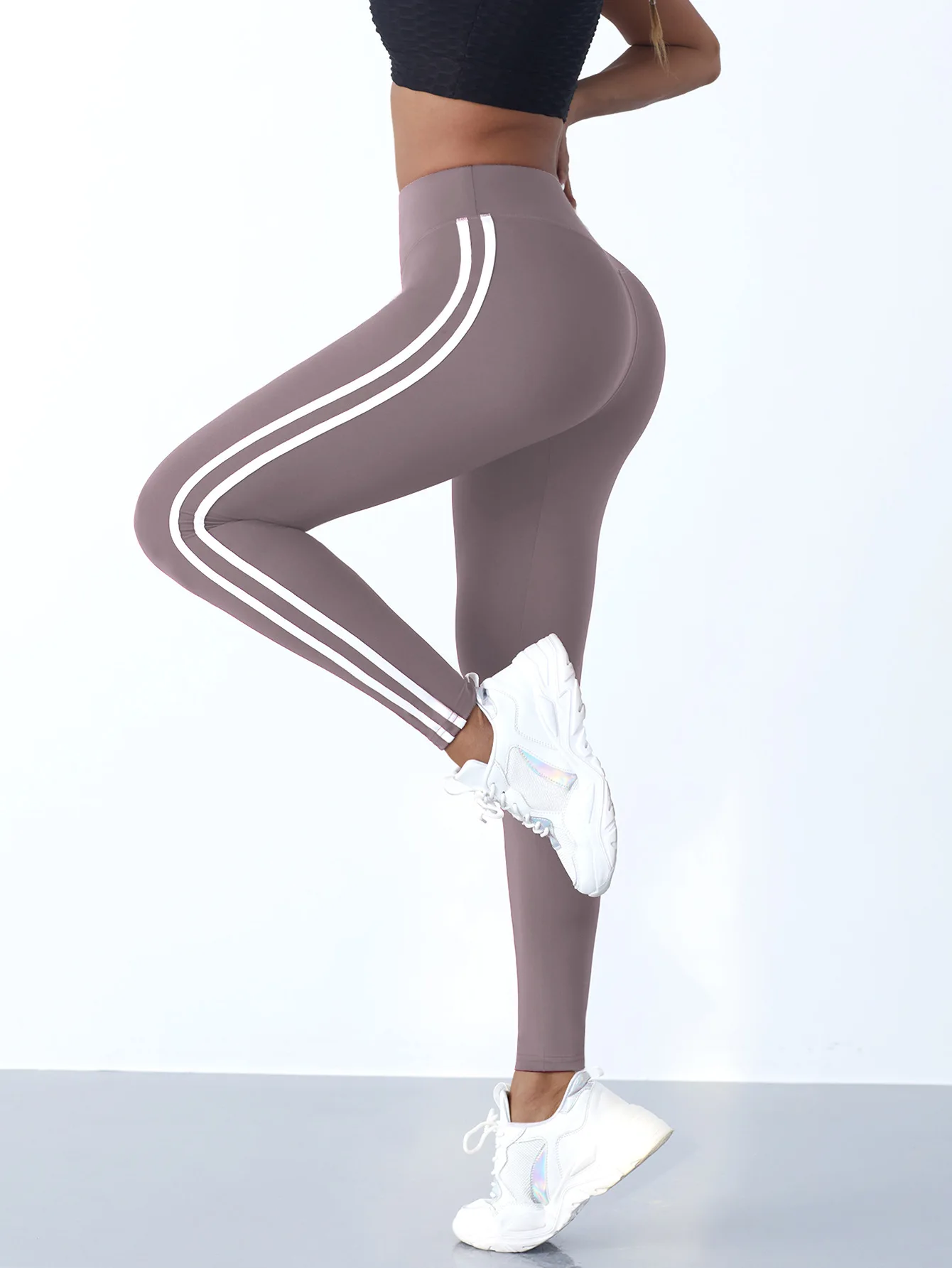One Piece Casual Sports Side Stripe Pants High Waist 4 Way Stretch Breathable Running Workout Yoga Leggings Activewear For Women