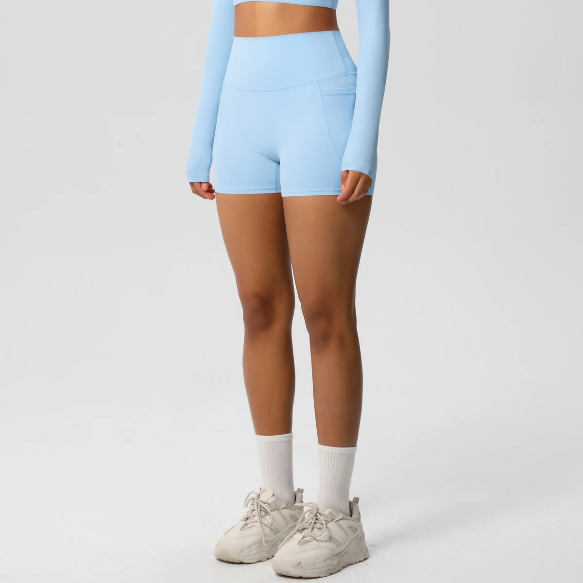 Women's Solid Color Nylon Yoga Tightening Tummy Lifting Shorts Outdoor Cycling Running With Pockets Sports Shorts Gym Pilates