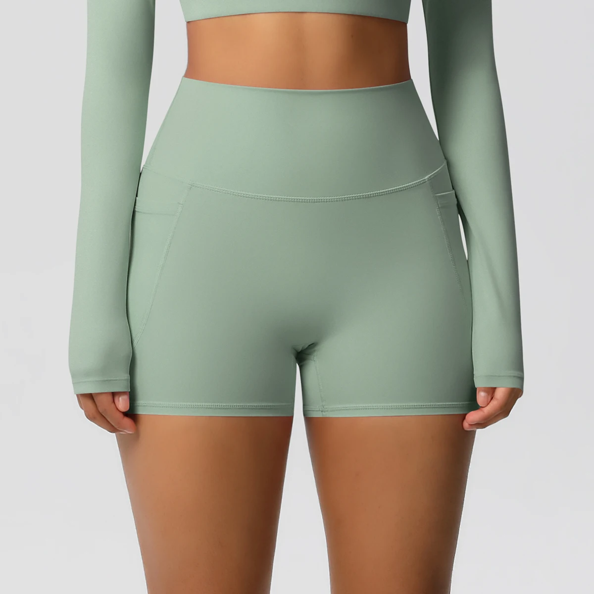 Women's Solid Color Nylon Yoga Tightening Tummy Lifting Shorts Outdoor Cycling Running With Pockets Sports Shorts Gym Pilates