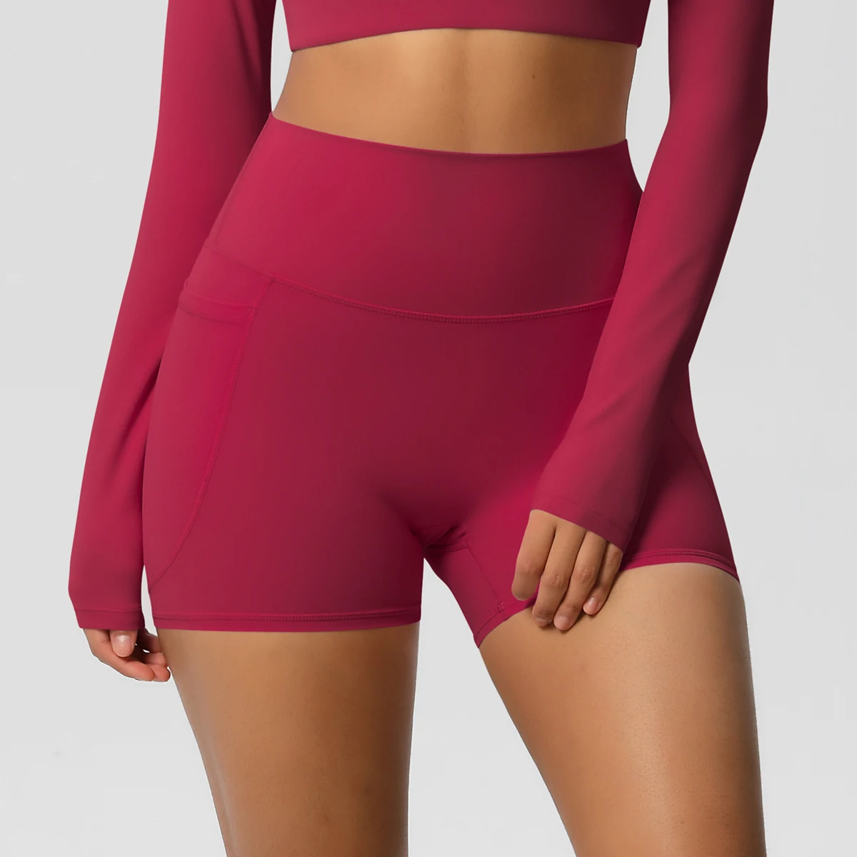 Women's Solid Color Nylon Yoga Tightening Tummy Lifting Shorts Outdoor Cycling Running With Pockets Sports Shorts Gym Pilates