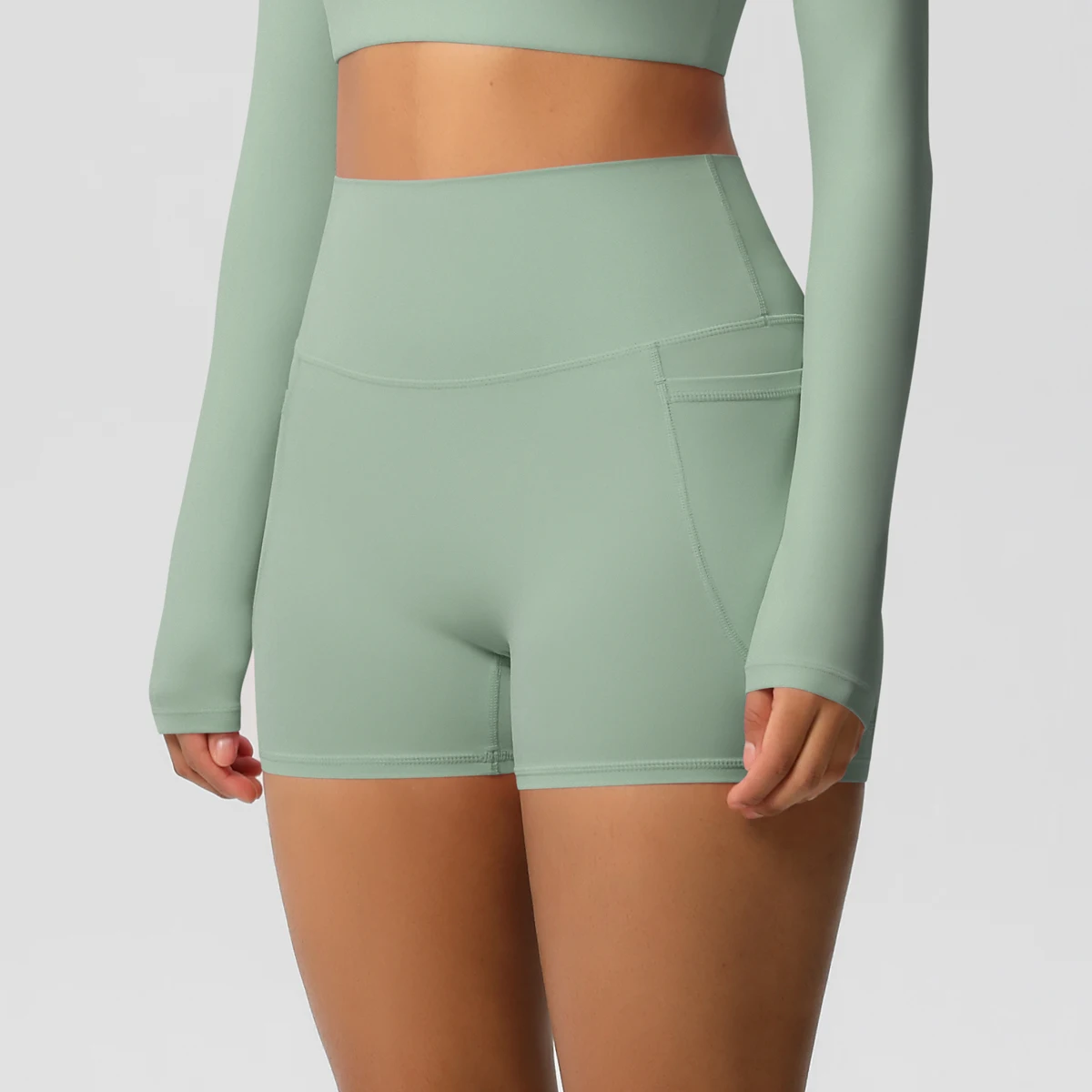 Women's Solid Color Nylon Yoga Tightening Tummy Lifting Shorts Outdoor Cycling Running With Pockets Sports Shorts Gym Pilates