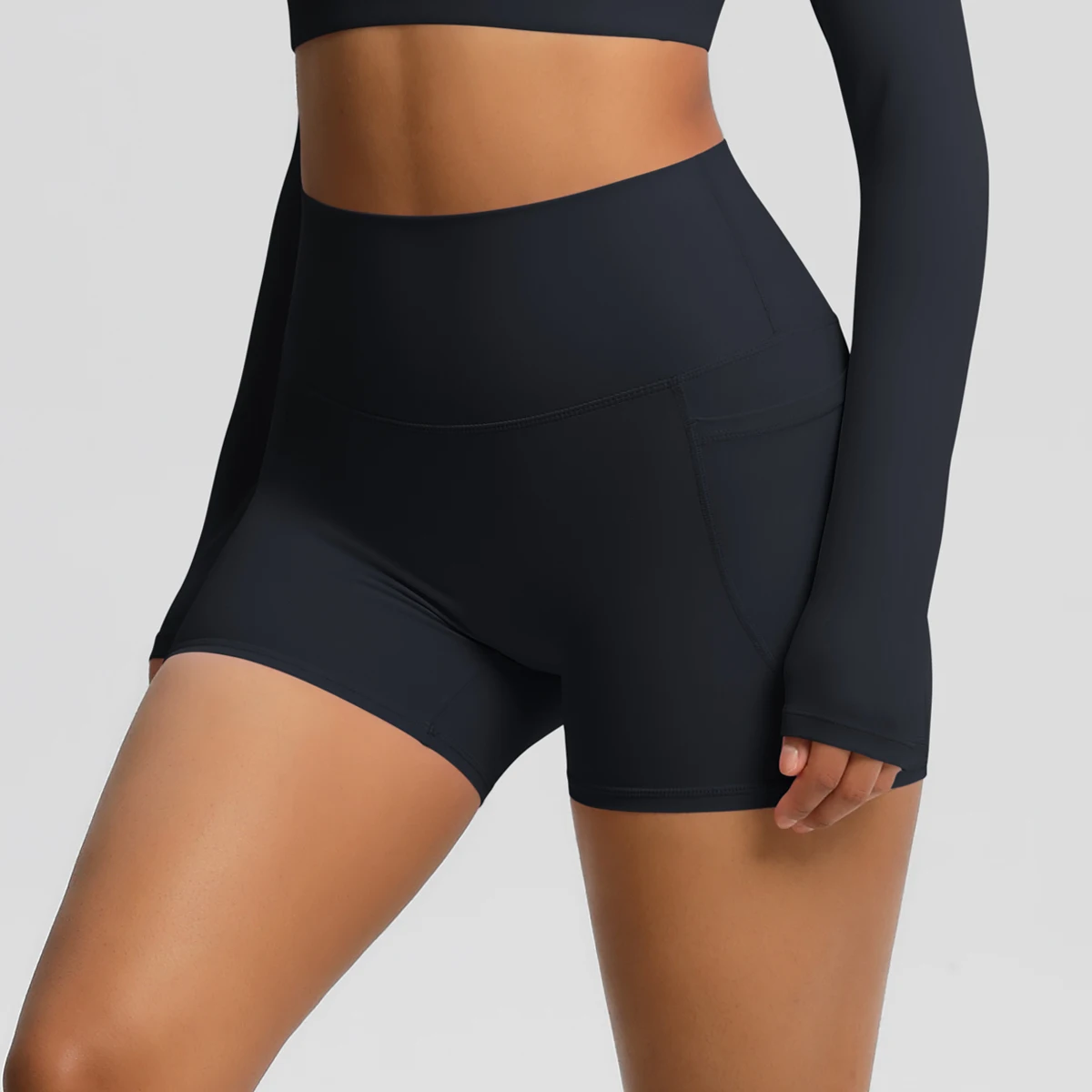 Women's Solid Color Nylon Yoga Tightening Tummy Lifting Shorts Outdoor Cycling Running With Pockets Sports Shorts Gym Pilates