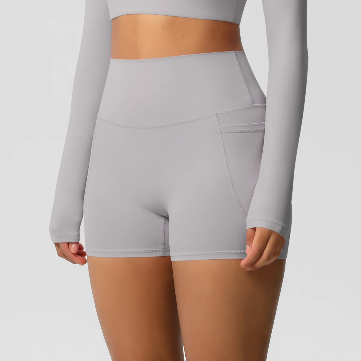 Women's Solid Color Nylon Yoga Tightening Tummy Lifting Shorts Outdoor Cycling Running With Pockets Sports Shorts Gym Pilates